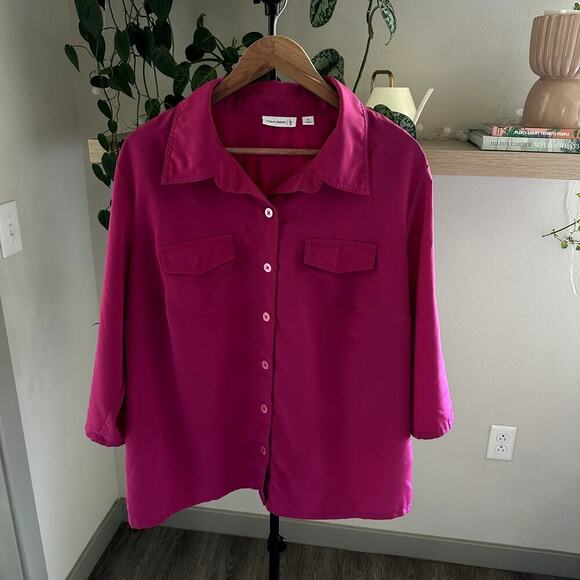 Susan Graver Womens 1X Hot Pink Blouse Bell Sleeve Button Up Plus Size Top - Picture 1 of 8